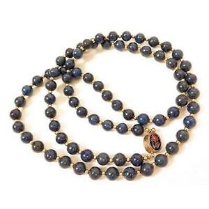 Vintage Lapis‎ Lazuli Blue Gemstone 8mm Bead Necklace Cloisonne Enamel Clasp